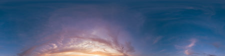 Seamless 360 HDR spherical panorama of sunset sky with vibrant pink Cirrus clouds. Full zenith or...