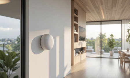A voice-activated AI-powered wall-mounted assistant that can control various household tasks like adjusting the thermostat, locking doors, or turning off lights. The systemの素材
