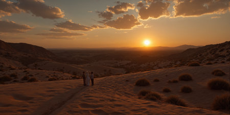Desert Landscape with Setting Sun A vast desert landscape with a large, orange sun setting on the horizon. Warm, goldenの素材
