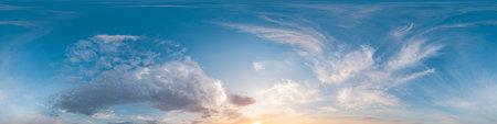 360 panorama of glowing sunset sky with bright Cirrus clouds. Seamless hdr spherical 360 panorama....