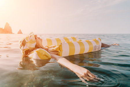 Woman Float Sea Relaxing on Inflatable Raft Summer Vacation