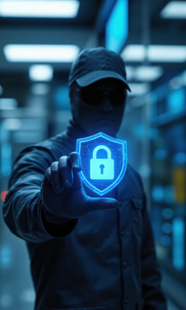 3D Security Character Holding Shield Icon Stylized guard figure holding cyber shield symbol, transparent bg, 3D stylized, blue silver, tech lightingの素材