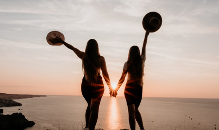 Silhouettes of Two Women with Hats at Sunset Overlooking the Ocean