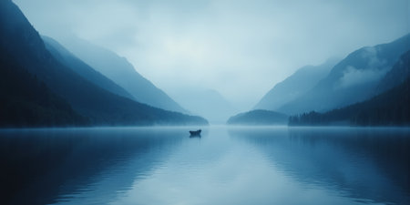 Misty mountain lake, single boat silhouette, cool blue tones, symmetrical reflection, dawn lightの素材
