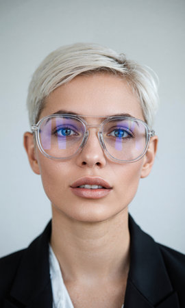 White female executive with platinum pixie cut and chrome-framed lenses, her analytical expression surrounded by prisms of light, symbolizing crystal-clearの素材
