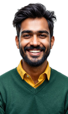 Smiling Man Casual. A young South Asian man with dark hair, a mustache, and a beard smiles warmly atの素材