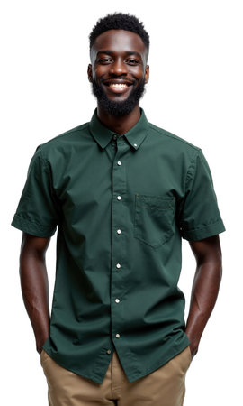 Man Green Shirt. A young Black man with short hair and a beard, wearing a dark green collared shirt, standsの素材