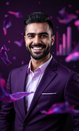 A Middle Eastern male entrepreneur in a rich purple suit, surrounded by floating digital financial insights, representing his leadershipの素材