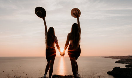 Silhouettes of Two Women Holding Hands at Sunsetの写真素材