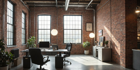 Industrial-inspired home office with exposed brick walls, metal desk, and concrete floors. Task lighting provides focused illumination for the workspaceの素材