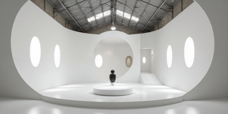 Gravity Wellness Studio Empty warehouse where subtle floor inclinations and shifted perspectives create gentle vestibular system engagement promoting neurological balance.の素材