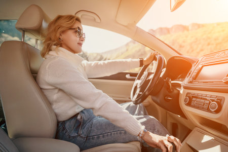 Woman Driving Car Interior Sunlight Joyful Road Trip