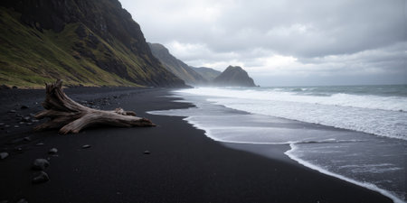 Minimalist Black Sand Beach Waves crash onto an otherworldly shore of charcoal-black sand, framed by rugged volcanic cliffsの素材