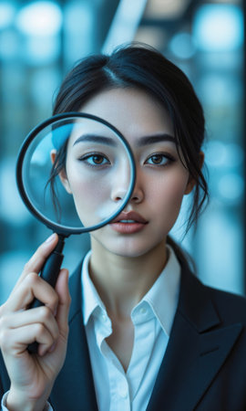 Asian female analyst with digital magnifying glass hovering near eye, deep focus, isolated , 3D stylized, blue-gray hues, waist-upの素材