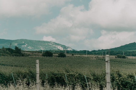 Green Hills and Cloudy Sky in a Rural Landscapeの写真素材