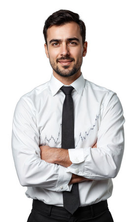A dynamic male business leader in a white shirt and black tie, framed by soaring financial indicators, symbolizing his abilityの素材
