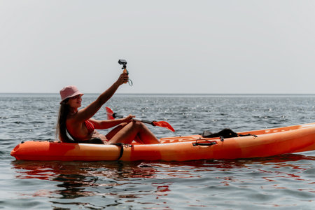 Kayaking Selfie Sea Woman Takes Selfie on Kayak in the Sea