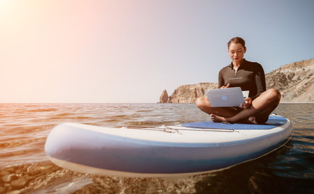 Woman Laptop Paddleboarding Ocean Beach Digital Nomad Work Lifestyle