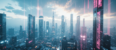 Ethereal Business Dreamscape A surreal, high-angle view of a futuristic cityscape where skyscrapers morph into digital graphs and data streamsの素材