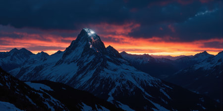 Celestial Mountain Glow Alpenglow illuminating distant peak against deep blue dusk creating abstract triangular form in vibrant color contrast withoutの素材