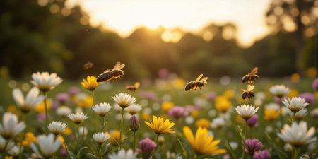Wild Pollinators in Flight Intentionally unfocused movement of bees and butterflies creating abstract light trails in flowering meadow without definedの素材