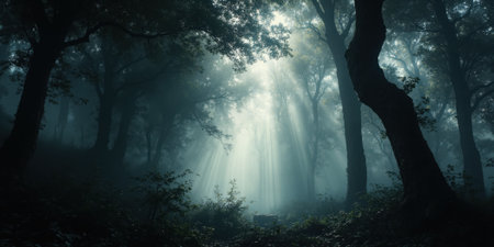 Ethereal White Light Beams Through a Dark Forest A cinematic scene of mysterious white light rays piercing through a denseの素材