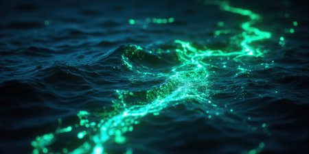 Bioluminescent Water Ripples with Glowing Green and Blue Trails A tranquil and surreal abstract background featuring glowing bioluminescent waves ripplingの素材