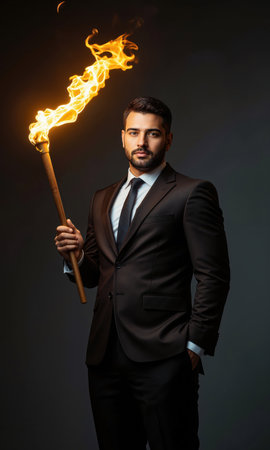 Lead Middle Eastern CEO Torch Relay Middle Eastern male 57 suit passes glowing baton, isolated , photoreal amber-black, rimの素材