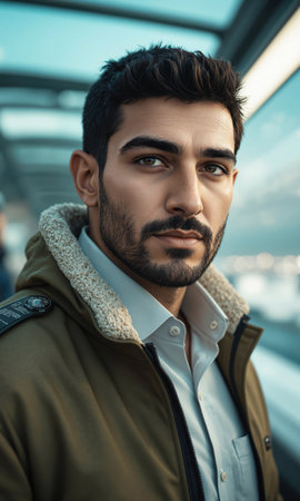 3D Middle Eastern Pilot Compass Sky 3D stylized Middle Eastern male 28 jacket compass with sky map, ceruleanの素材