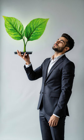 Middle Eastern male reaching up to floating leaf-and-chip hybrid icon, sustainable tech leadership, isolated , photo-realistic, medium shotの素材