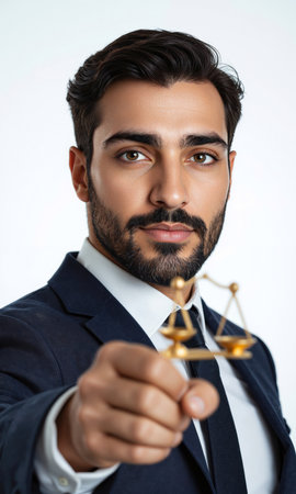 Middle Eastern man in formal attire holding ethical balance icon above hand, serene expression, isolated , photo-realistic, soft lightの素材