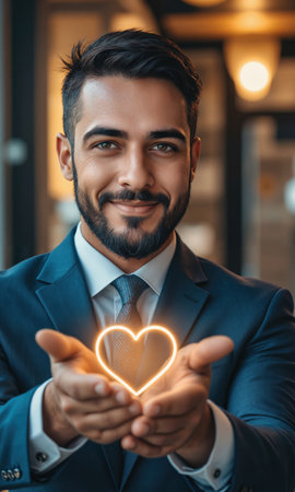 Hispanic male leader with hand over heart and glowing values icon, trustworthy look, isolated , photo-realistic, warm lighting, mediumの素材