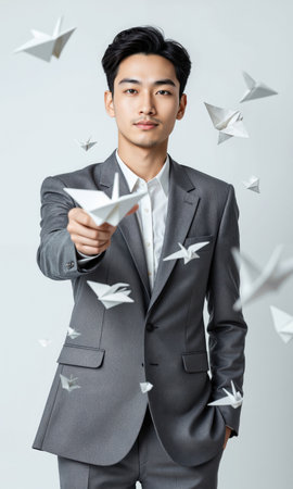 Dream Asian Designer Paper Crane Asian male 27 blazer releases paper crane, isolated , photoreal white-mint, daylight, shallow DOFの素材
