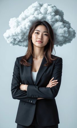 Asian female professional with floating data cloud above her, representing futuristic collaboration, isolated , 3D stylized, waist-upの素材