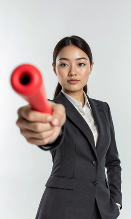 Asian Coach Baton Relay Asian female 29 sport blazer extends baton, isolated , photoreal red-gray, bright studio, shallow DOFの素材