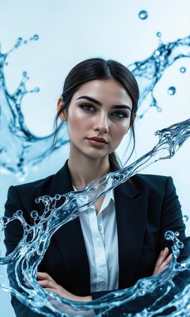 Flow Black Strategist Water Arrow Black female 36 blazer water arrow rises, isolated , photoreal blue-white, bright studio, shallowの素材