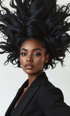 Black woman in blazer with abstract upward vortex behind, symbolic rise, hopeful eyes, isolated , 3D stylized, clean tonesの素材