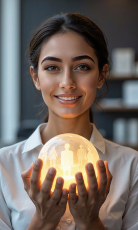 Middle Eastern young woman holding glowing orb of people icons, symbolic inclusion, isolated , 3D stylized, warm light, waist-upの素材
