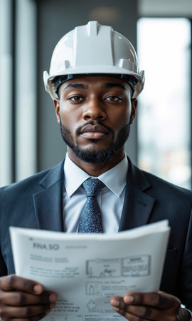 Black Male Engineer Hardhat Plans Black male 45 hardhat blazer holds rolled plans, photoreal, bright studio, shallow DOFの素材