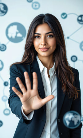 Hispanic female strategist gesturing toward floating circular workflow icons, neutral pose, isolated , photo-realistic, clean palette, medium shotの素材