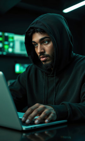 Black Developer Binary Stream Black male 32 hoodie laptop emits binary stream, isolated , photoreal green-black, cool light, shallowの素材