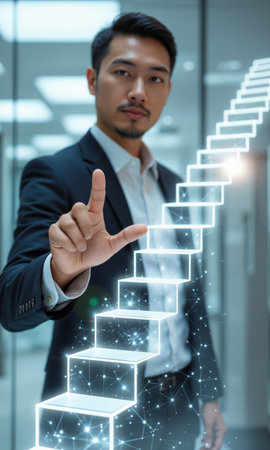 Asian Man Gesturing to a Ladder of Success Steps Asian man, 30s, sleek suit, pointing at glowing steps, isolatedの素材