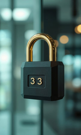 Secure Black Fintech Padlock Coin Black female 33 suit padlock coin, isolated , photoreal gold-teal, cool rim, shallow DOFの素材