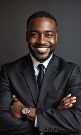 Black male entrepreneur smiling confidently, eyes focused on future success, arms crossed, symbolic of strong leadership and vision. Wearingの素材