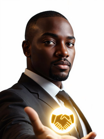 Black man with glowing handshake icon above shoulder, trustworthy deals, isolated , 3D stylized, studio-lit, waist-upの素材