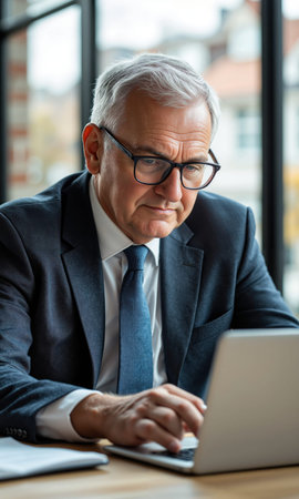 Senior White Businessman Working on Laptop 60s male, glasses, focused typing on laptop, transparent bg, photo-realistic, grey silver, soft light, shallowの素材