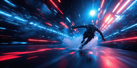 Sports Spectacle Fusion An energetic abstract background bursts forth in a vibrant mix of electric blues, fiery reds, and dynamic metallic accentsの素材