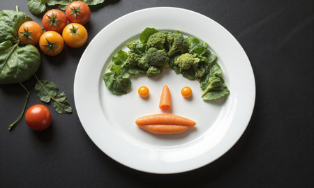 broccoli sweetpotato cherry tomatoes carrot spinach placed in an artistic pattern to create a fun face on a dinner plate, with broccoli forの素材