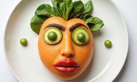 sweetpotato tomato avocado spinach peas forming a creative face on a white plate, with sweetpotato for eyes, avocado for lips, and spinach for hair.の素材
