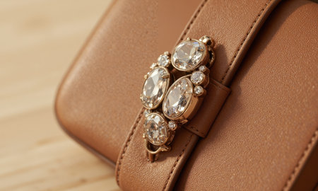 Glamorous close-up of a high-end handbag with exquisite stitching and a sparkling diamond clasp A close-up shot of a luxuriousの素材
